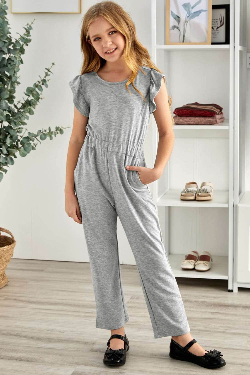 Gray Little Girls Ruffled Shoulder Keyhole Back Jumpsuit with Pockets