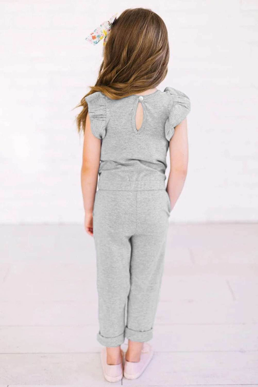 Gray Little Girls Ruffled Shoulder Keyhole Back Jumpsuit with Pockets Gray Little Girls Ruffled Shoulder Keyhole Back Jumpsuit with Pockets
