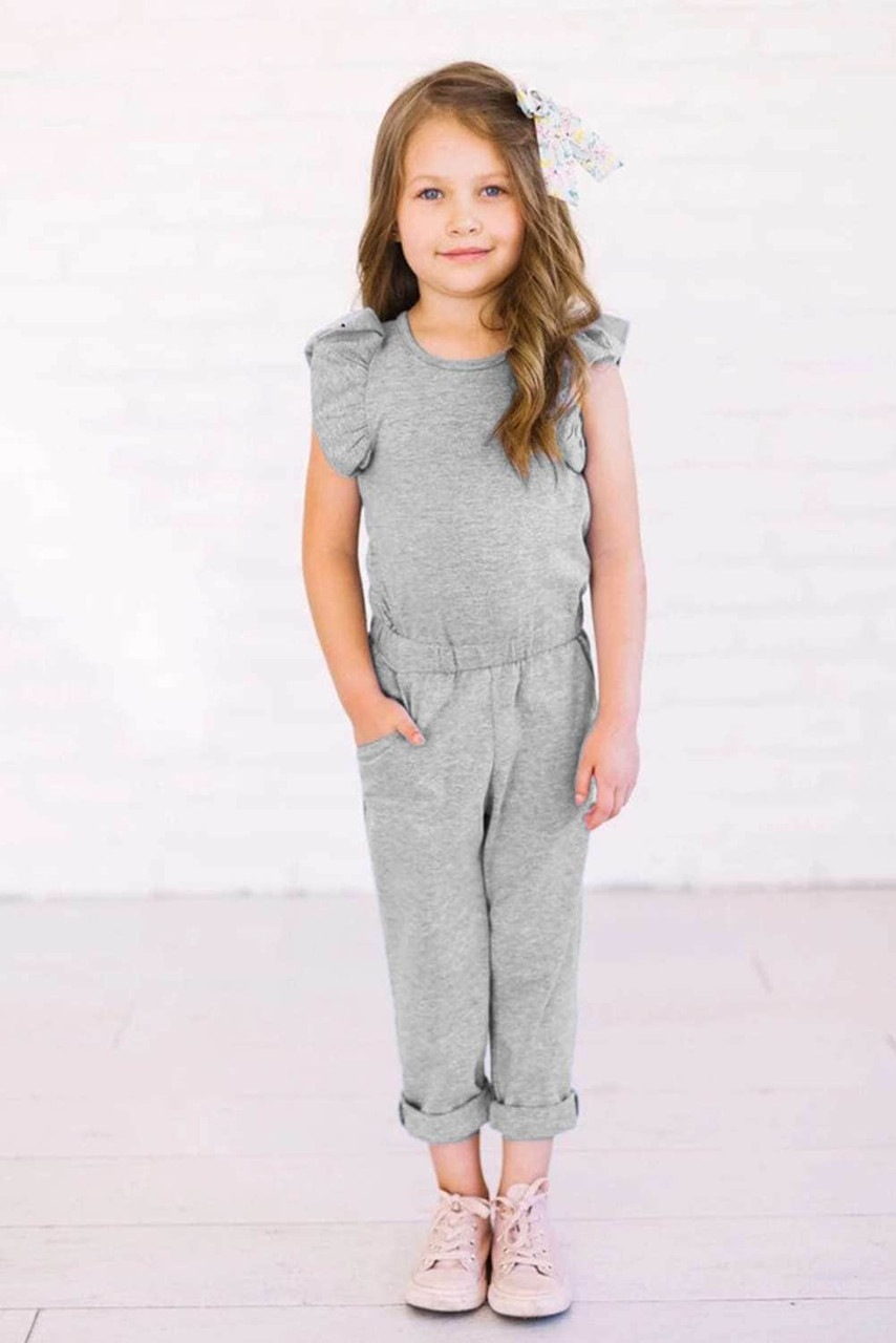 Gray Little Girls Ruffled Shoulder Keyhole Back Jumpsuit with Pockets Gray Little Girls Ruffled Shoulder Keyhole Back Jumpsuit with Pockets