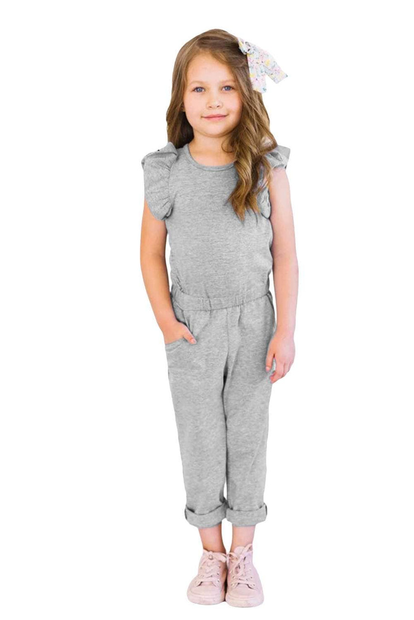 Gray Little Girls Ruffled Shoulder Keyhole Back Jumpsuit with Pockets Gray Little Girls Ruffled Shoulder Keyhole Back Jumpsuit with Pockets