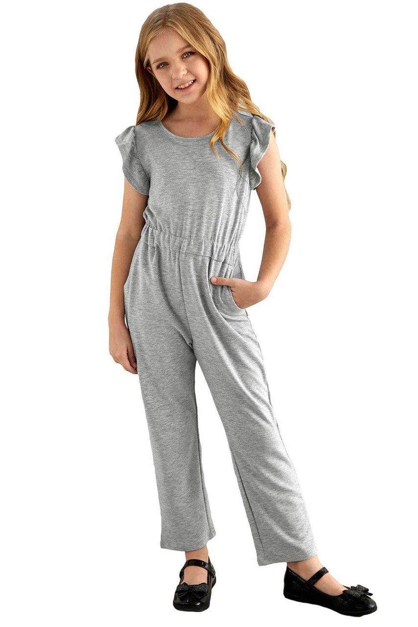 Gray Little Girls Ruffled Shoulder Keyhole Back Jumpsuit with Pockets Gray Little Girls Ruffled Shoulder Keyhole Back Jumpsuit with Pockets