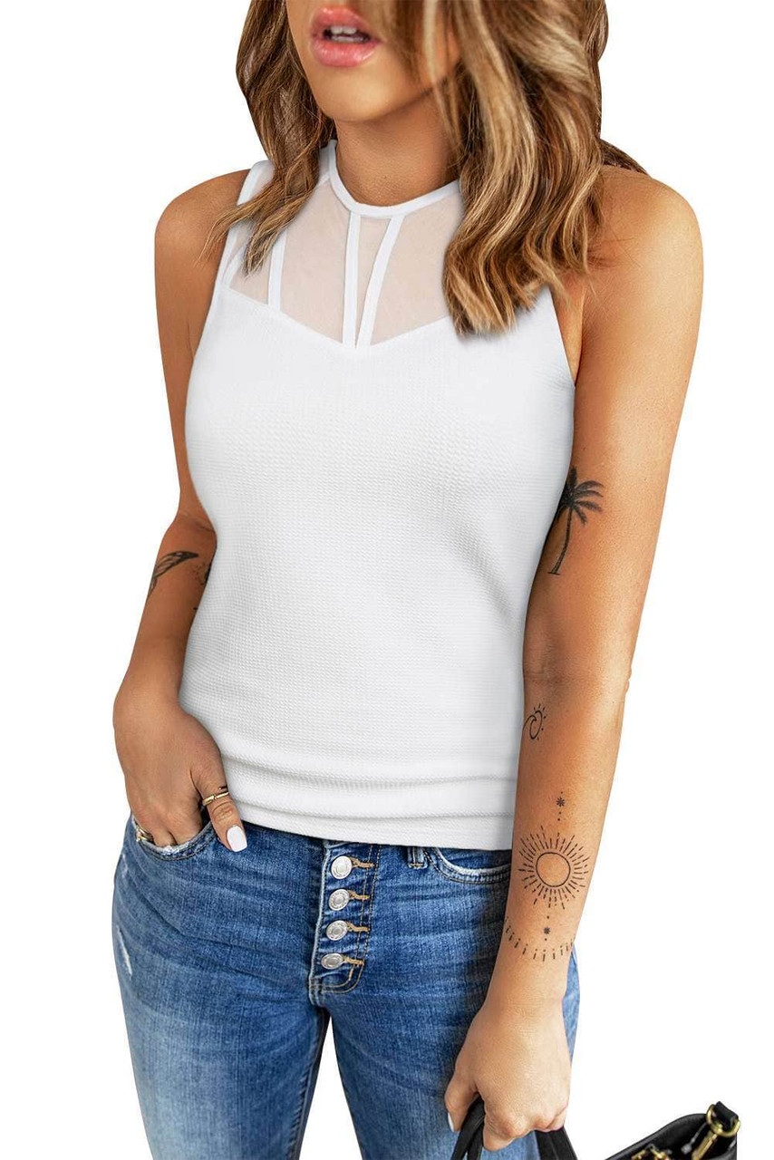 White Strappy Mesh Splicing Ribbed Tank Top