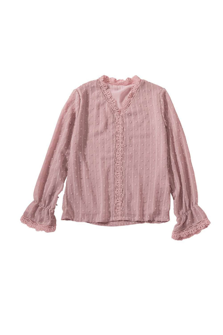 Pink Little Girls Swiss Dot Pattern Crochet Trim Shirt