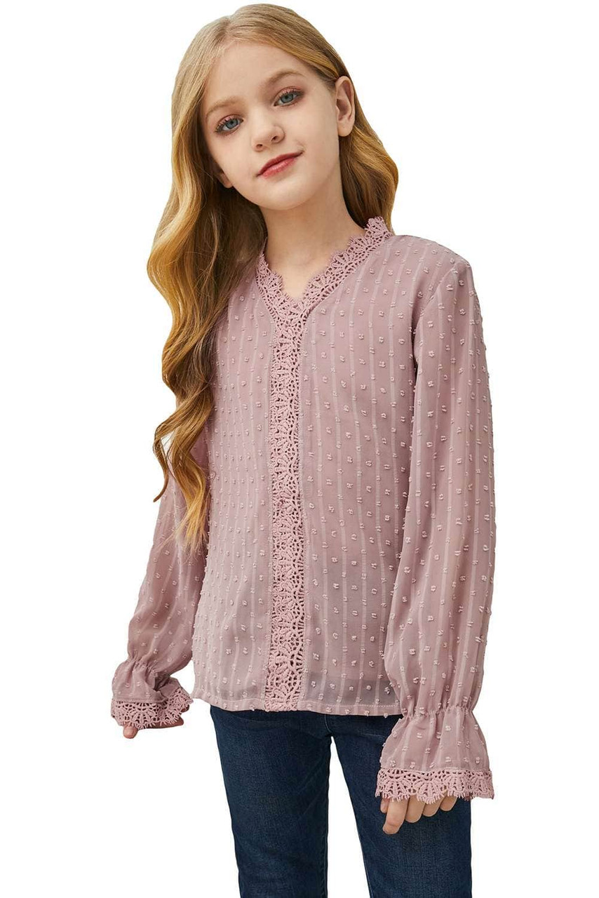 Pink Little Girls Swiss Dot Pattern Crochet Trim Shirt