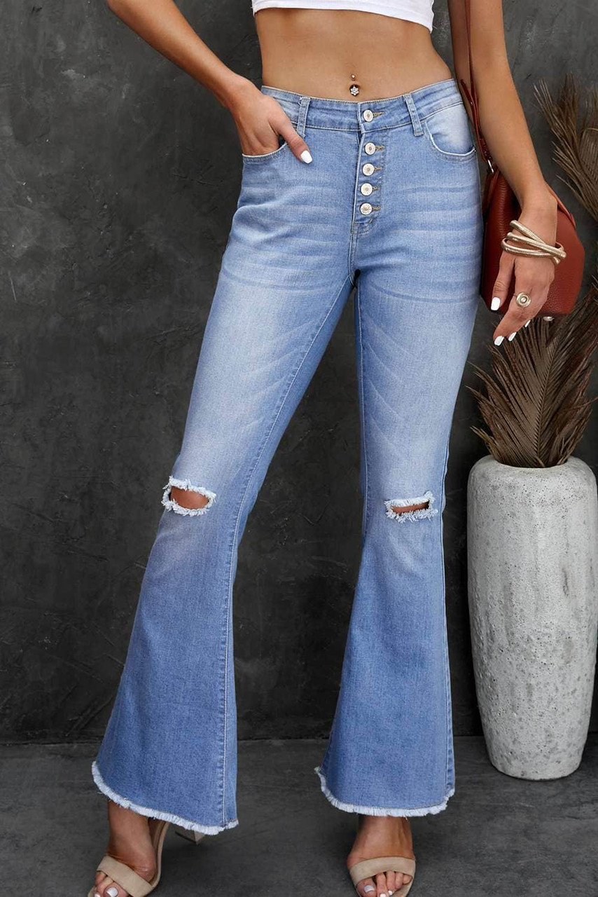 Sky Blue High Rise Distressed Bell Bottom Denims Sky Blue High Rise Distressed Bell Bottom Denims