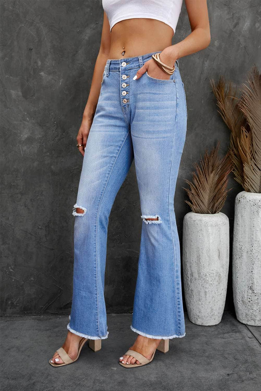 Sky Blue High Rise Distressed Bell Bottom Denims Sky Blue High Rise Distressed Bell Bottom Denims