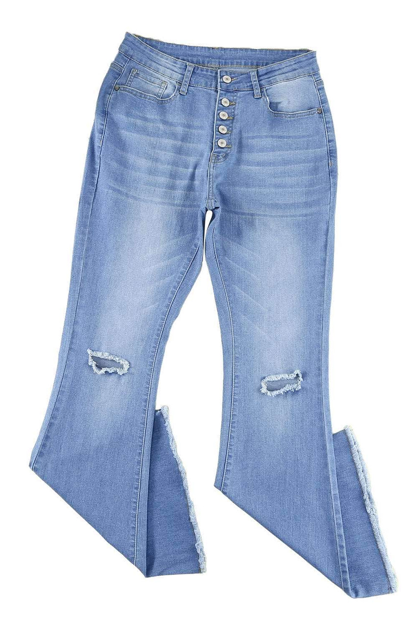 Sky Blue High Rise Distressed Bell Bottom Denims Sky Blue High Rise Distressed Bell Bottom Denims