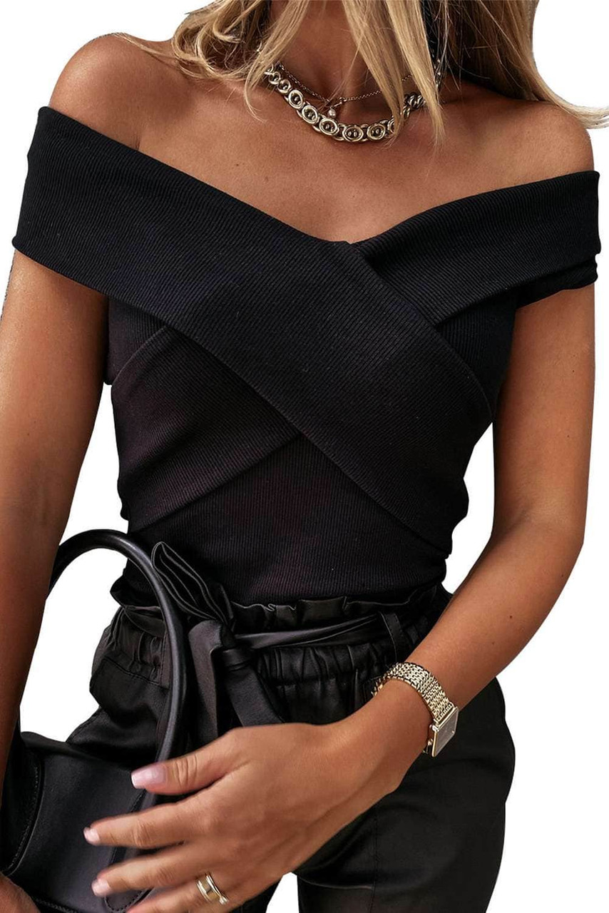 Black Ribbed Criss Cross Off Shoulder Top