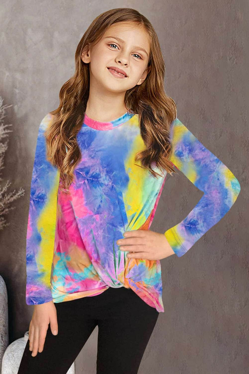 Purple Tie Dyed Twist Knot Girl's Long Sleeve Top