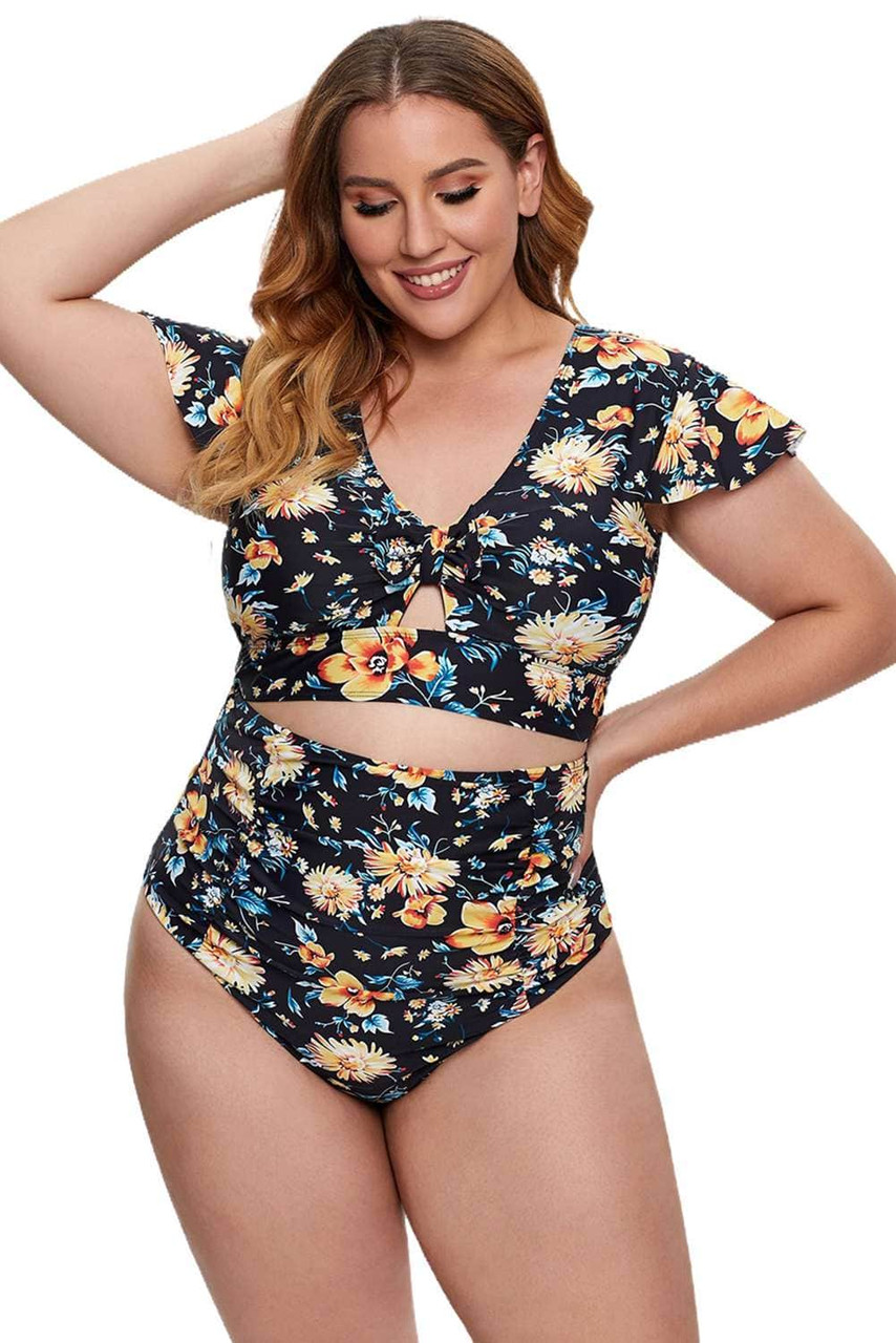 Plus Size Flutter Cap Sleeve Floral High Waist Bikini