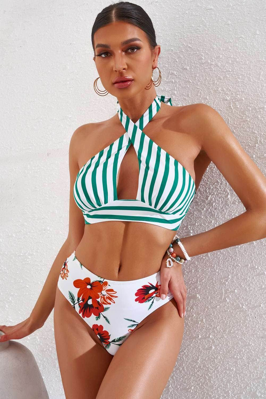 Striped Floral Print Backless Halter Neck Bikini Set