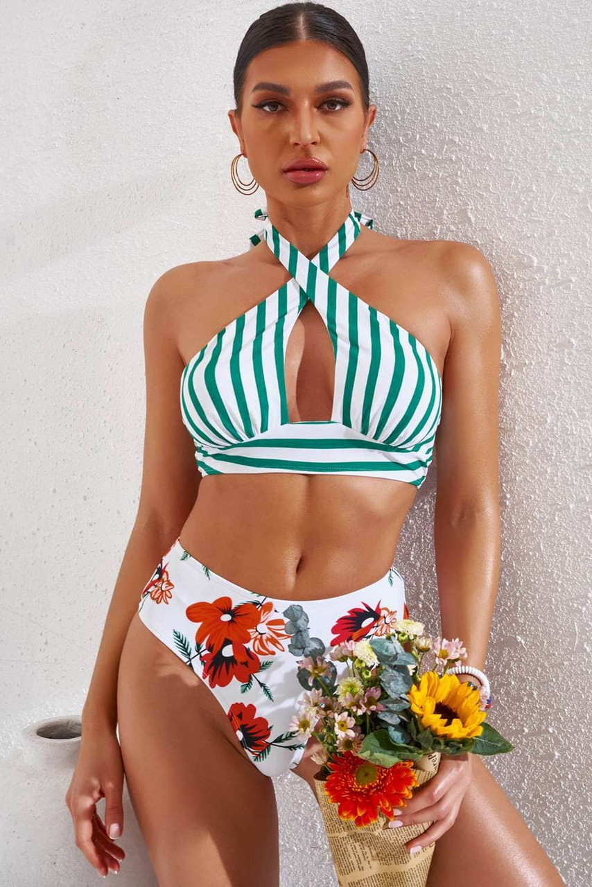 Striped Floral Print Backless Halter Neck Bikini Set