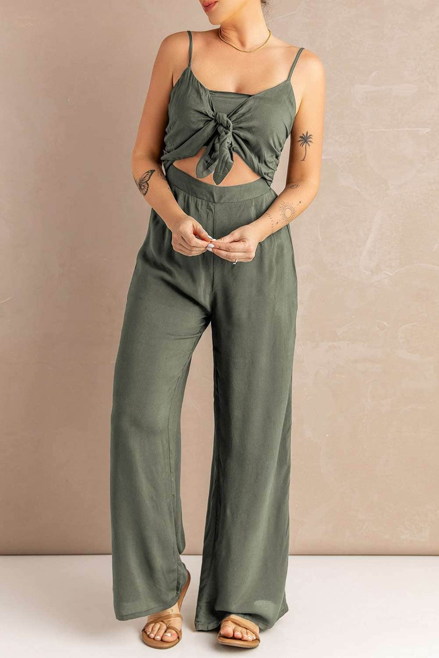 Gray Knotted Hollow-out Front Sleeveless Wide Leg Jumpsuit