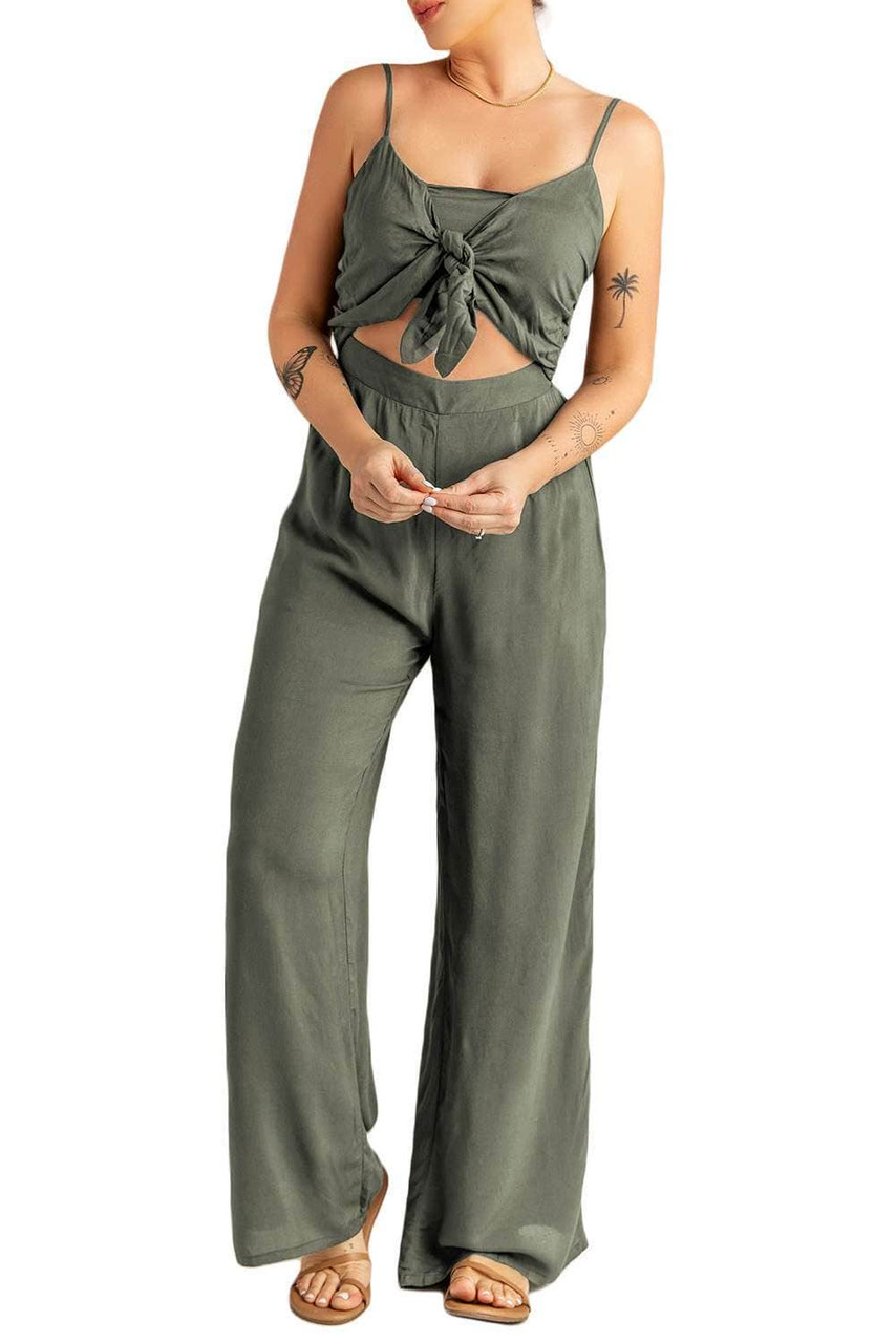 Gray Knotted Hollow-out Front Sleeveless Wide Leg Jumpsuit