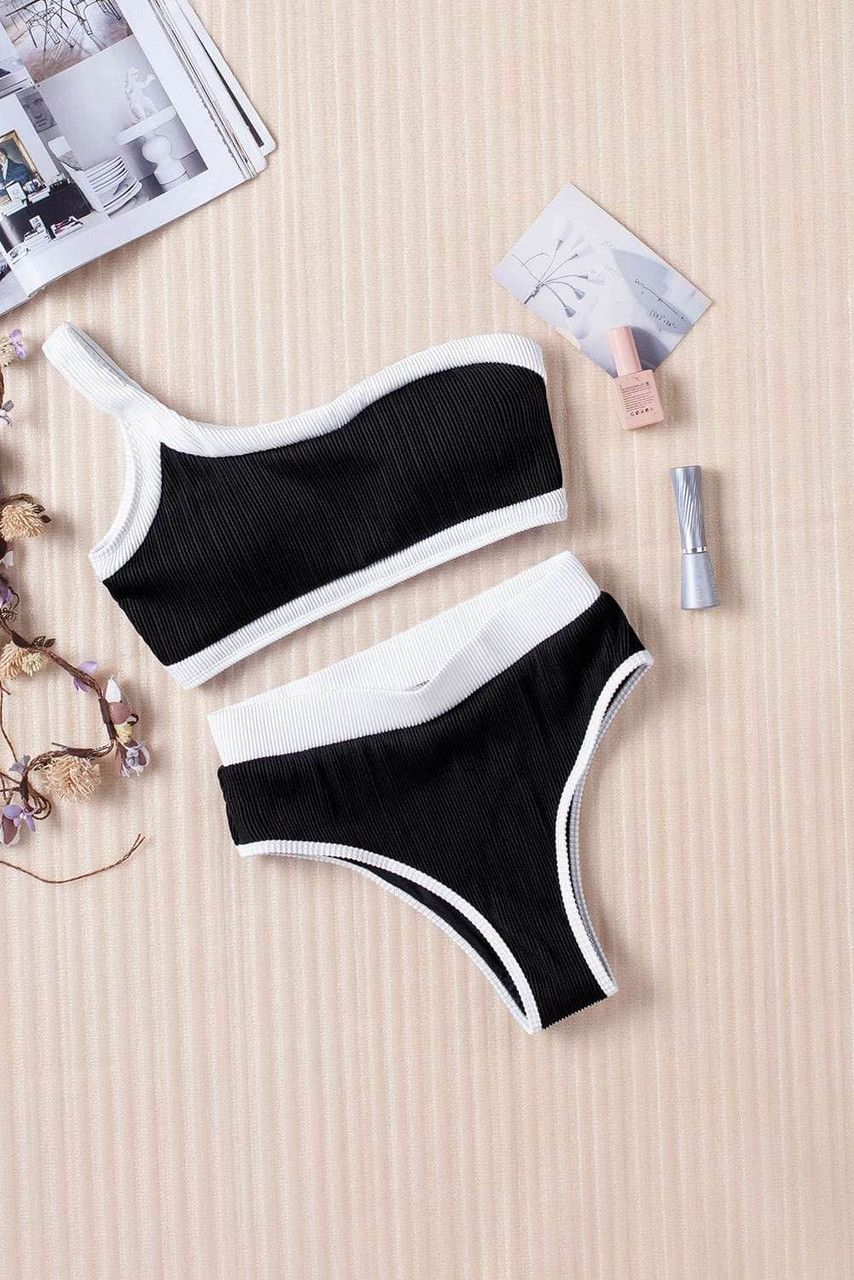 Black One Shoulder Patchwork High-waisted Bikini Set