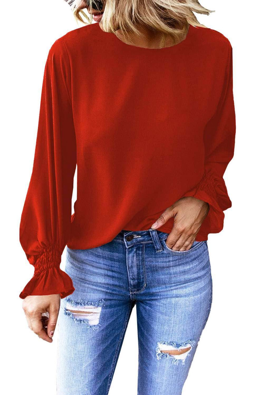 Red Crew Neck Ruffle Bubble Sleeve Top