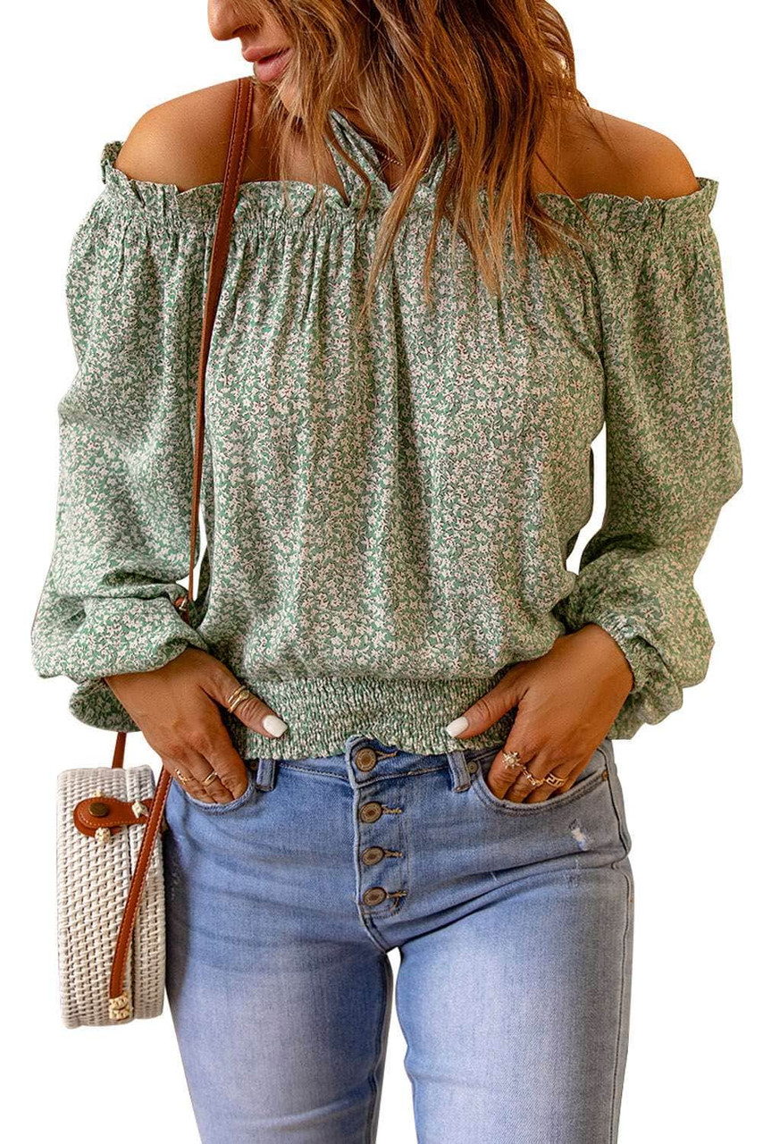 Green Floral Print Halter Off-shoulder Blouse