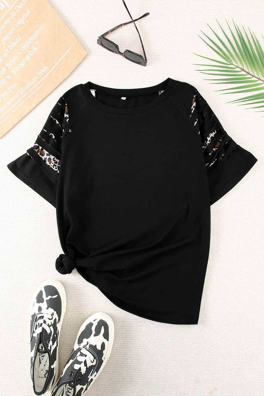 Black Leopard Patchwork Cut Out Short Sleeve T Shirt