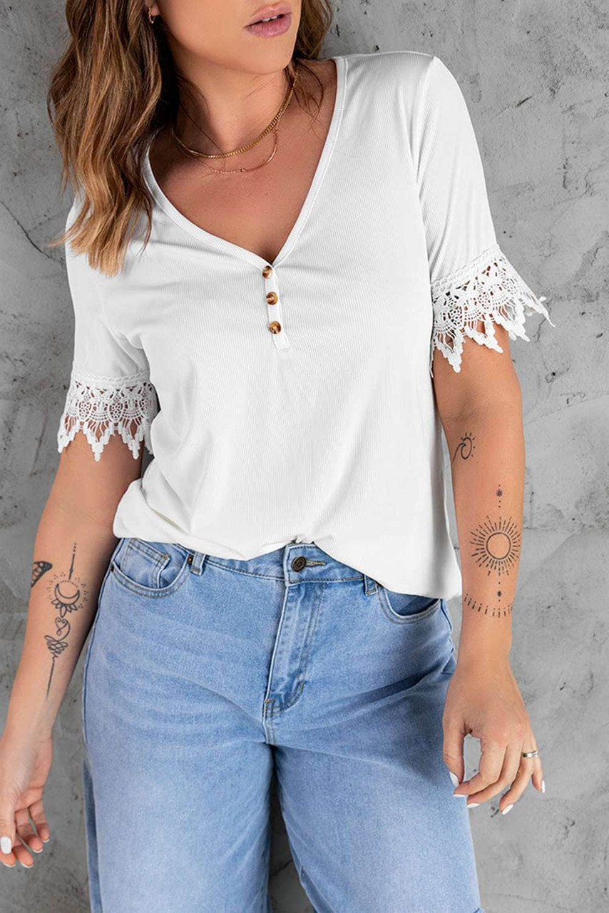 White Lace Patch Short Sleeve Buttoned V Neck Top