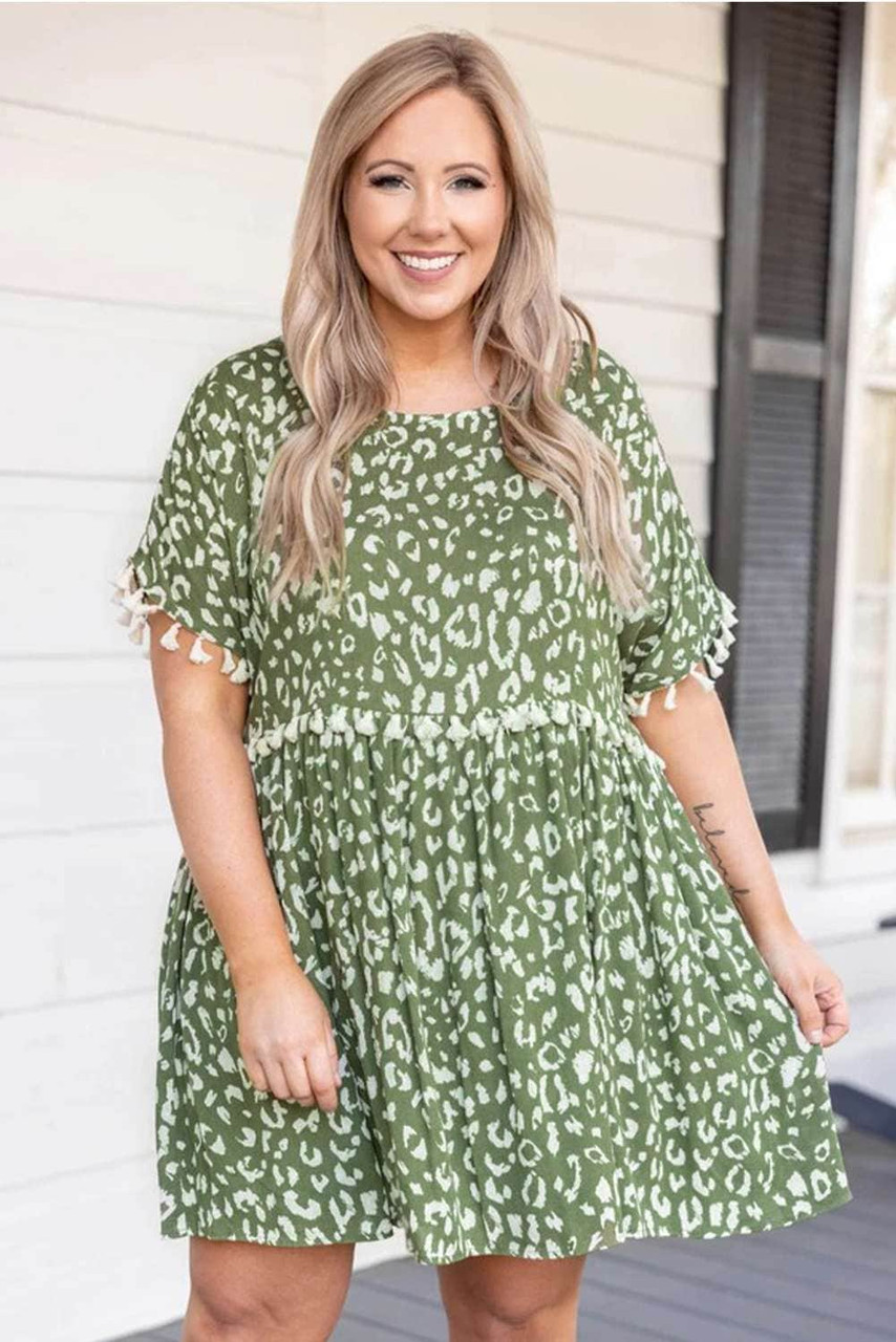 Green Plus Size Leopard Tassel Dress