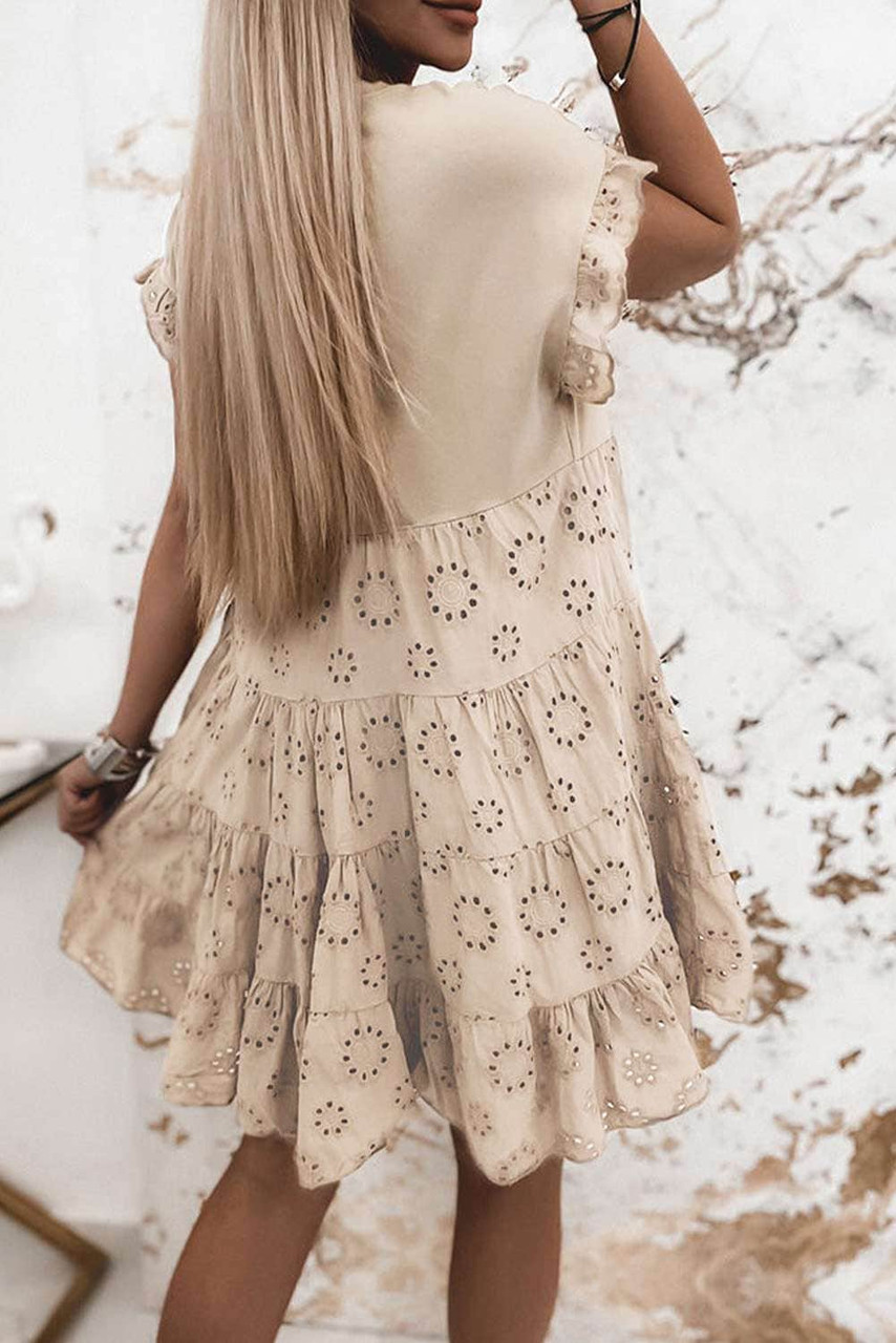 Khaki Eyelet Pattern Tiered Short Dress