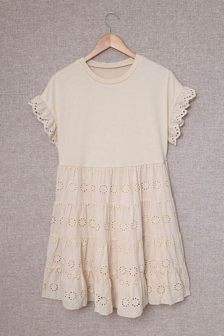 Khaki Eyelet Pattern Tiered Short Dress