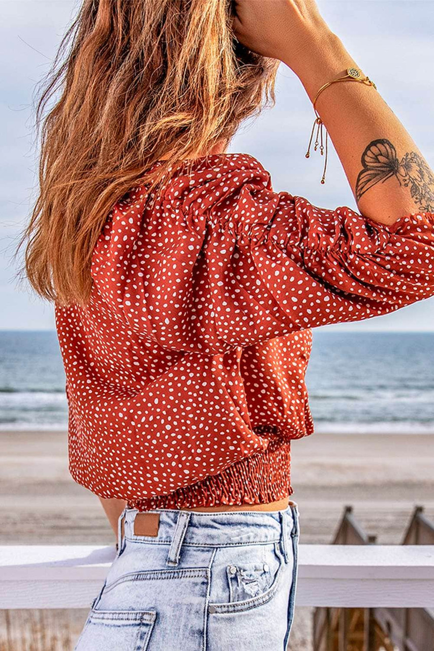 Polka Dot Print Smocked Shirring Puff Sleeve Blouse