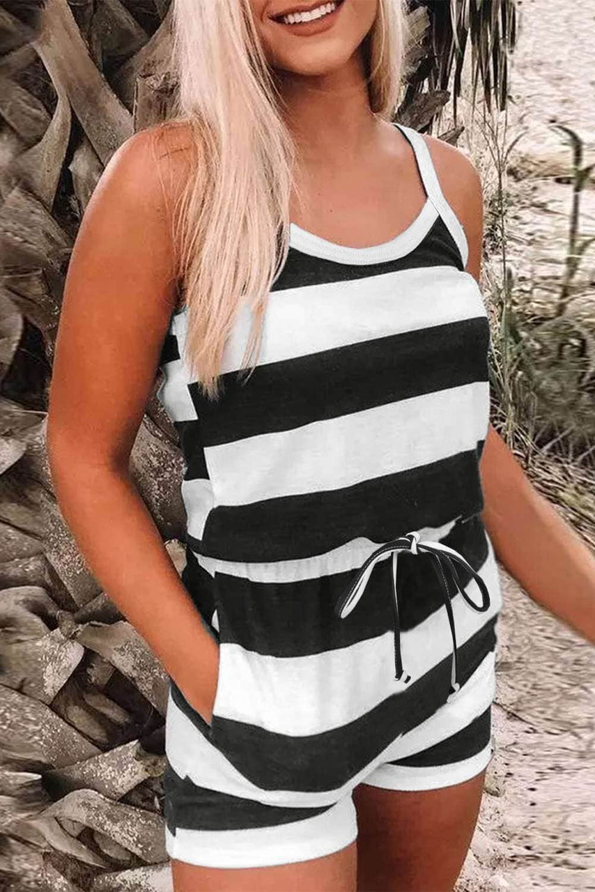 Striped Print Lace-up High Waist Sleeveless Romper Striped Print Lace-up High Waist Sleeveless Romper