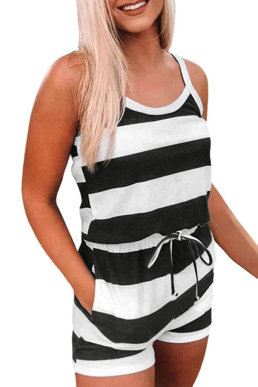 Striped Print Lace-up High Waist Sleeveless Romper Striped Print Lace-up High Waist Sleeveless Romper