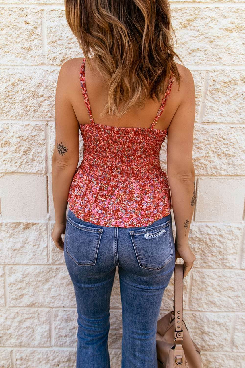 Red Floral Print Smocked Flounce Spaghetti Strap Camisole