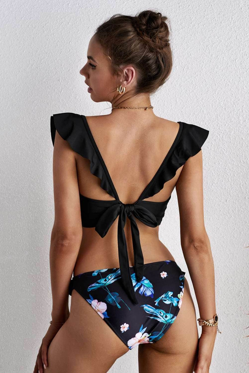 Black Sexy Ruffle Detail Printed Bikini