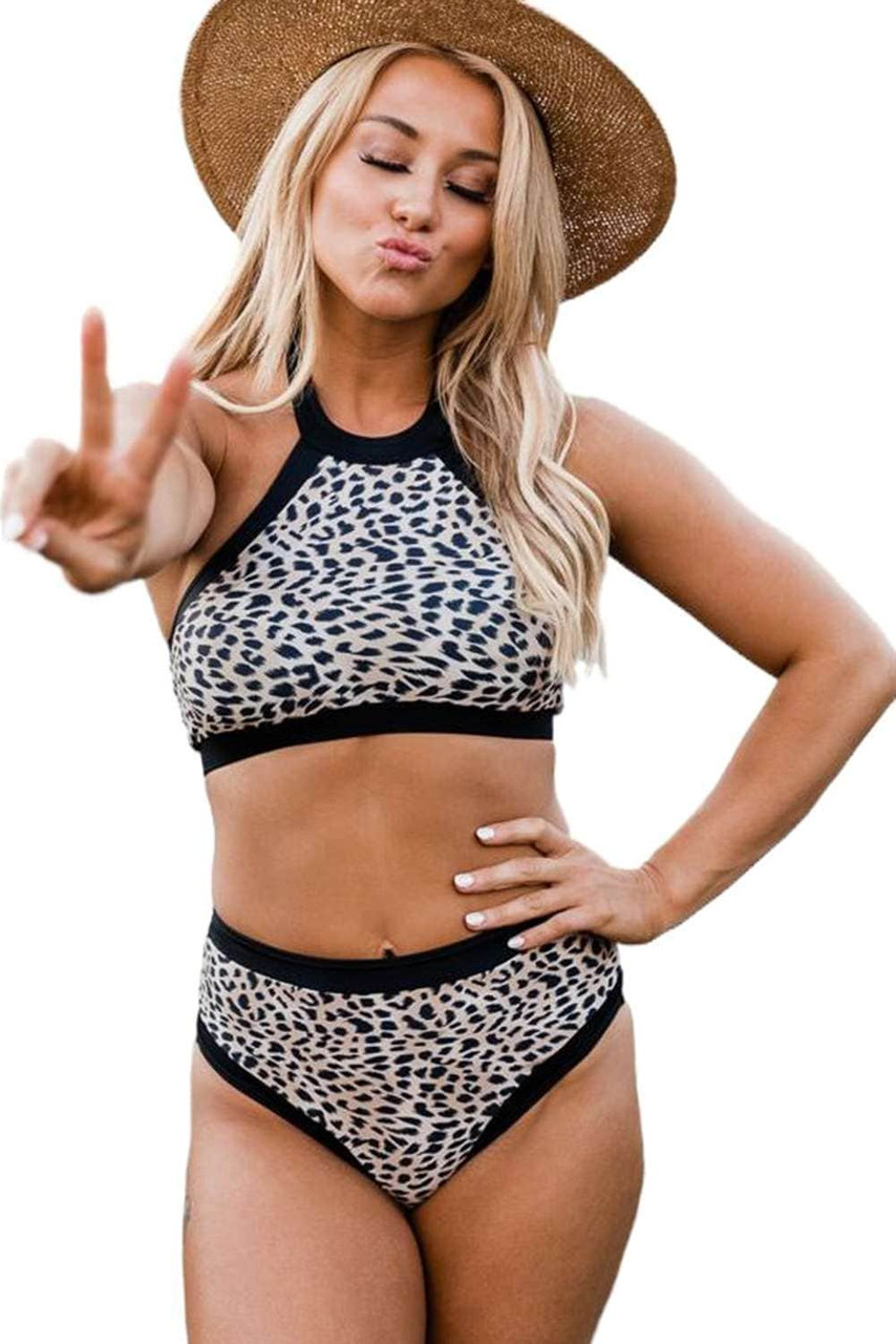 Leopard Print Sleeveless Halter Neck High Waisted Bikini Swimwear