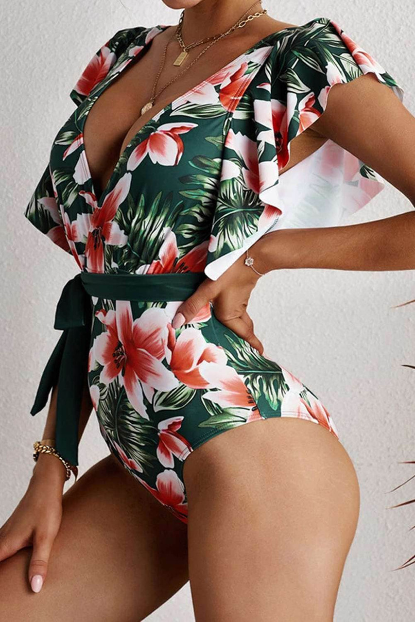 Sexy Deep V Neck Floral Print Ruffles One Piece Swimwear