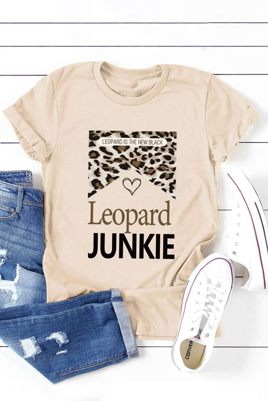 Khaki LEOPARD JUNKIE Letter Heart Graphic Print T Shirt