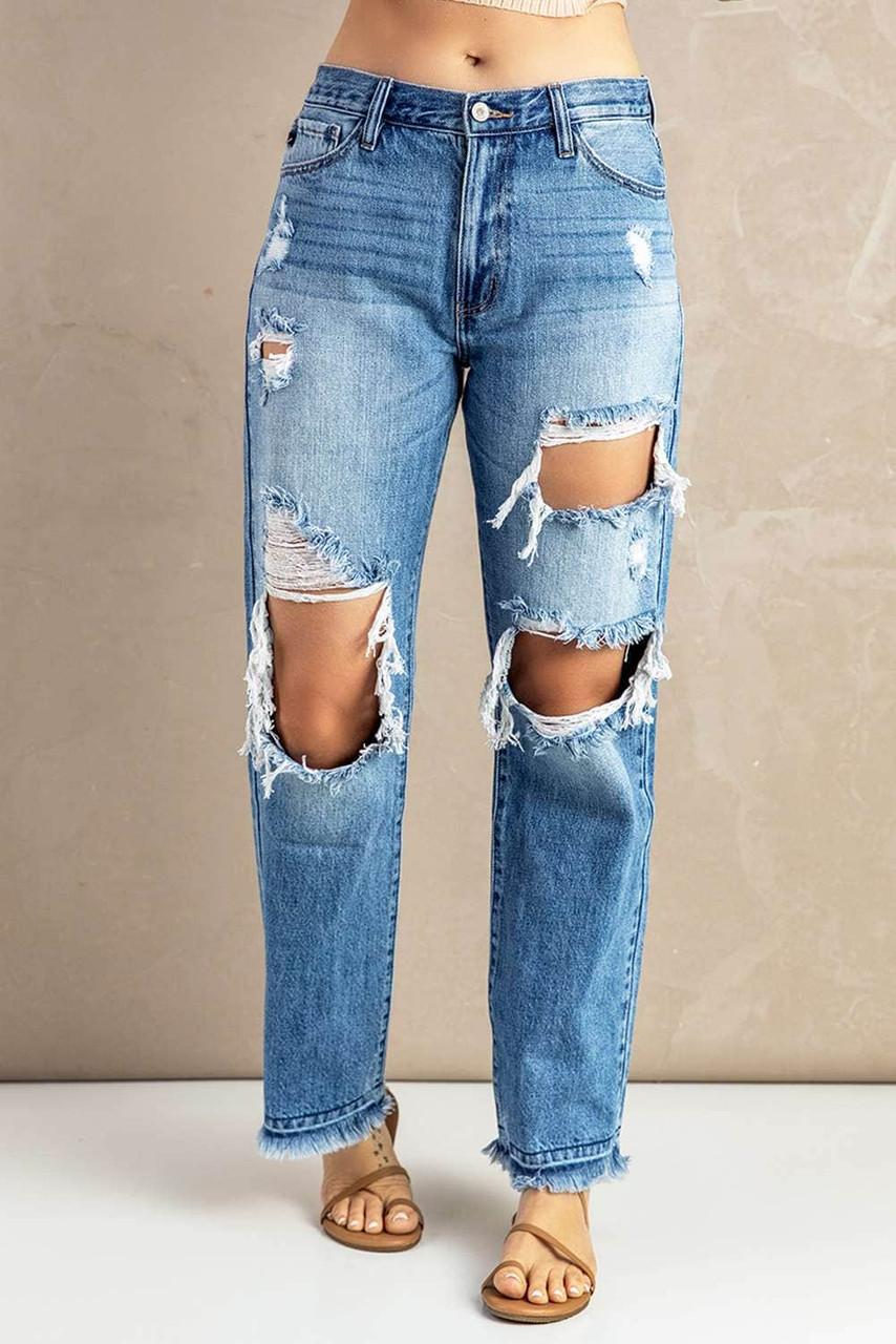 Sky Blue Distressed Holes Hollow-out Boyfriend Jeans