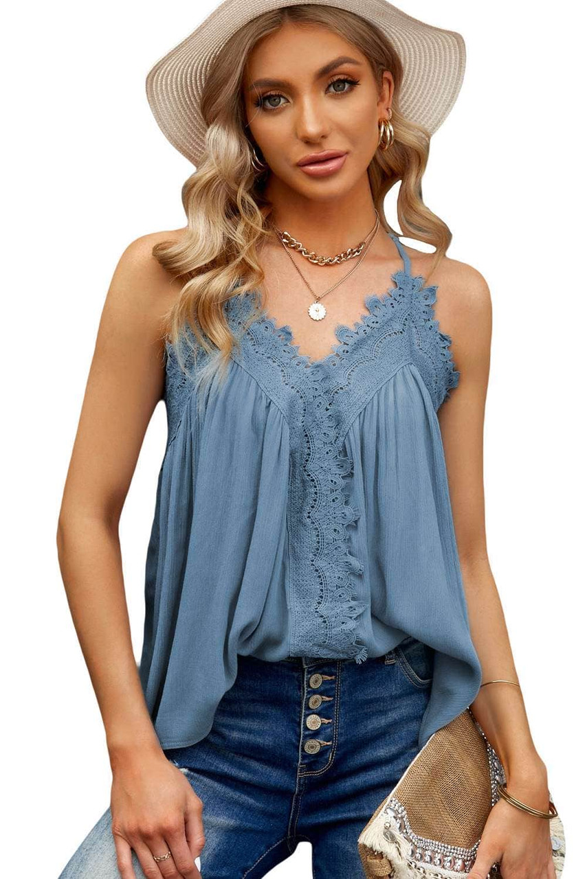 Sky Blue Lace Splicing Ruffled V Neck Cami Top