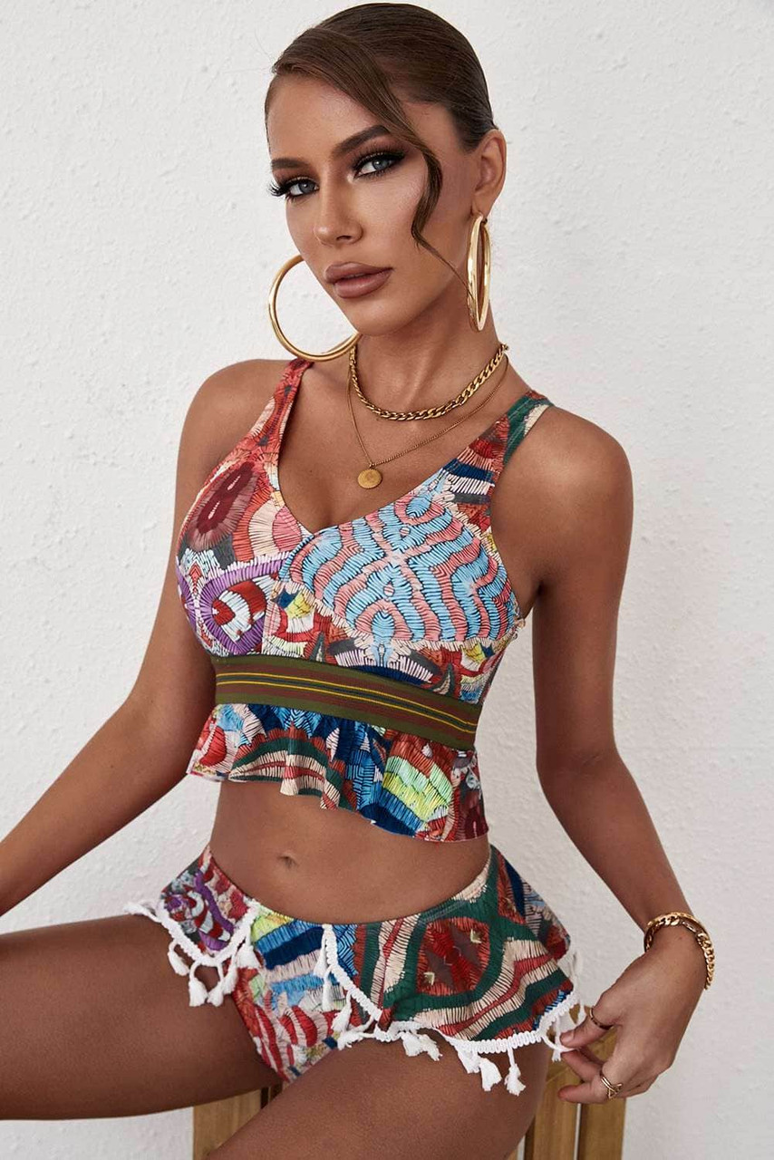 Multicolor Graphic Print Tassel Ruffle Bikini Swimsuit