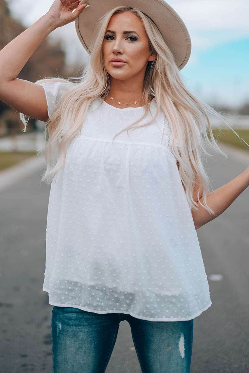 White Ruffled Shoulder Dotted Babydoll Top