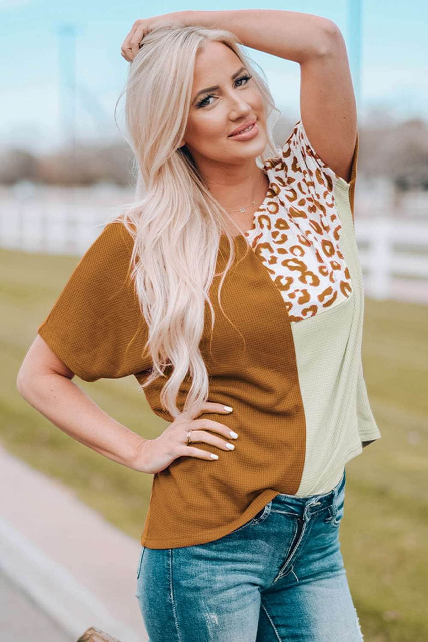 Orange Leopard Colorblock Short Sleeve Top