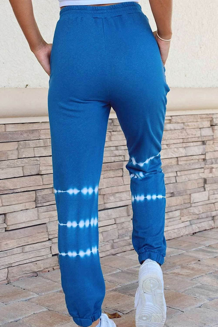 Blue Tie Dyed Print Elastic High Waist Jogger Pants