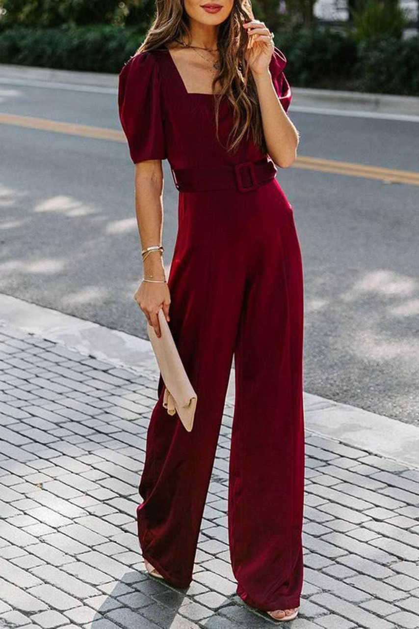 Burgundy Belted Square Neck Puff Sleeve Jumpsuit