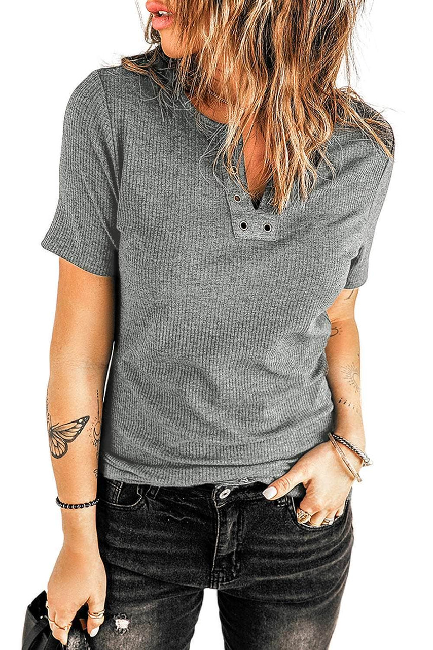 Gray Black Ribbed Knit V Neck Short Sleeve Top