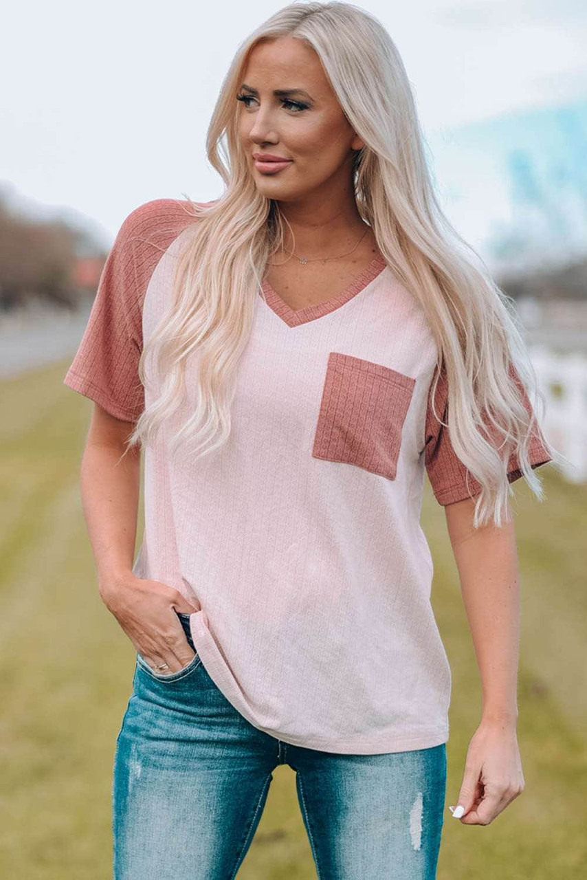 Pink Colorblock V Neck T Shirt with Pocket