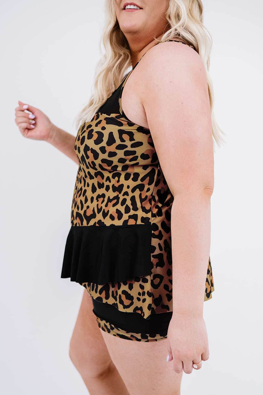 Leopard Splicing Ruffle Plus Size Tankini