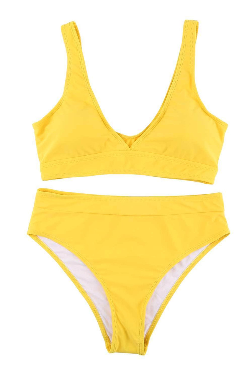 Yellow Plain Ribbed Texture Sexy Bikini Set