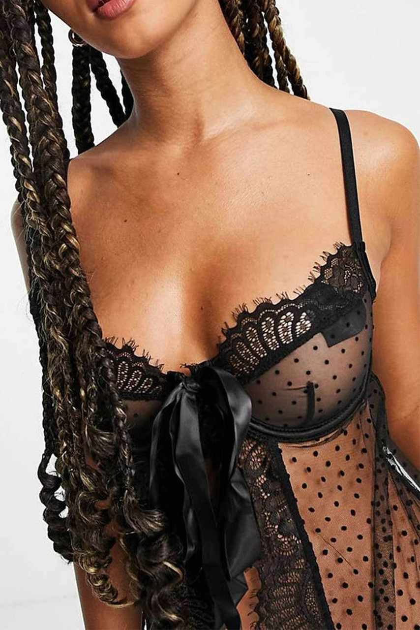 Black Polka Dot Mesh Lace Patchwork Tie Knot Babydoll Set