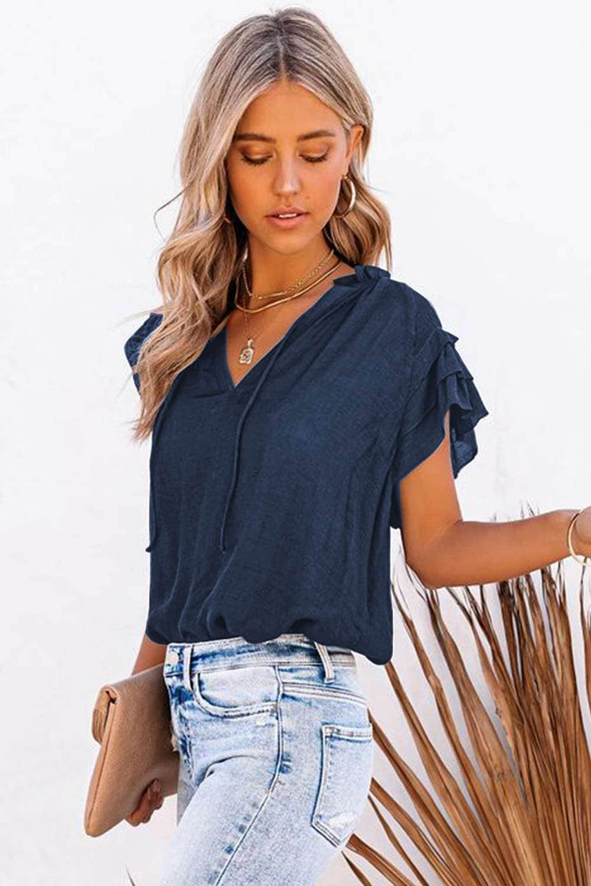 Blue Tiered Ruffled Drawstring V Neck Top