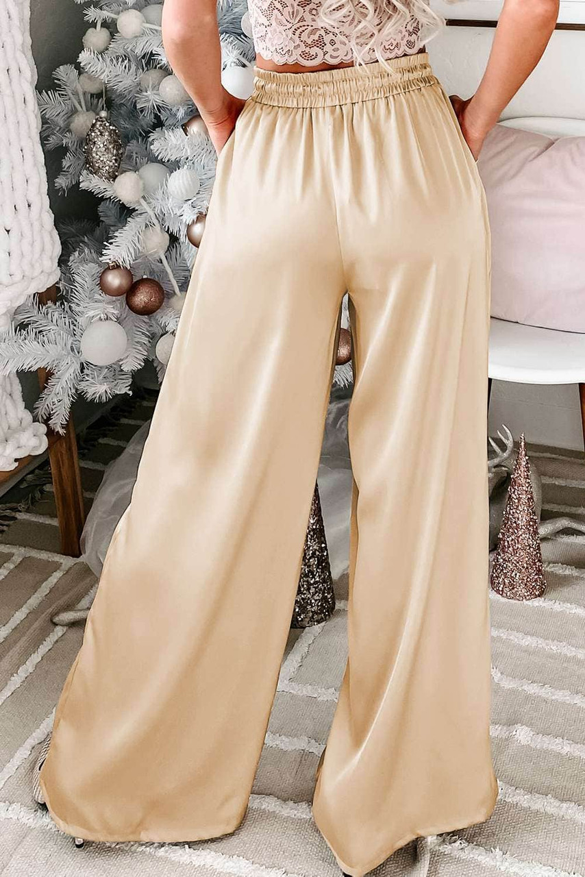 Apricot Pockets Drawstring High Waist Wide Leg Pants