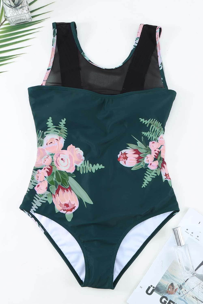 Green Floral Mesh Ladder Hollow-out Back One Piece Swimwear