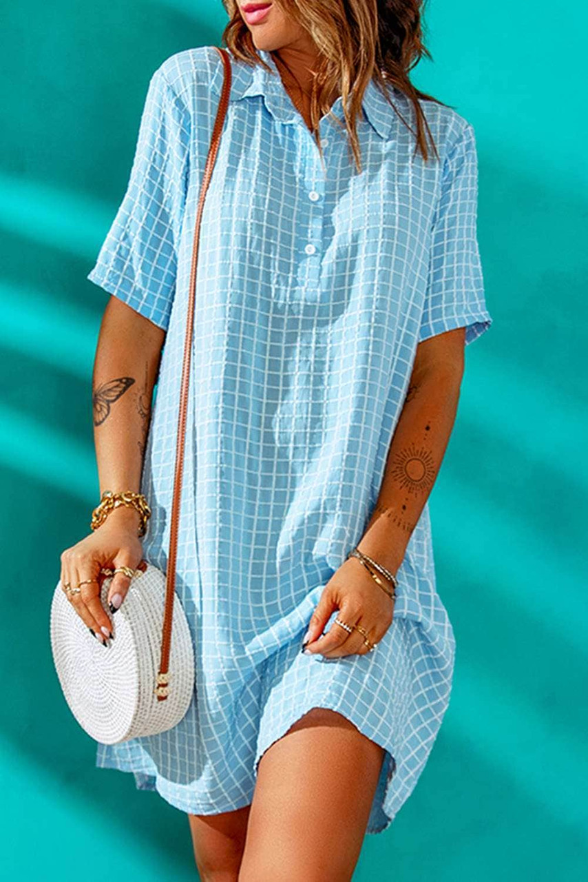 Sky Blue Plaid Pattern Collared Neck Buttons Short Sleeve Shirt Dress